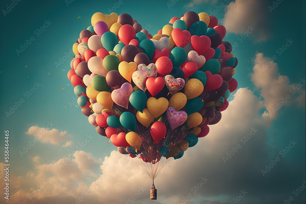 Poster a heart shaped balloon floating in the air with clouds in the background and a person standing on th