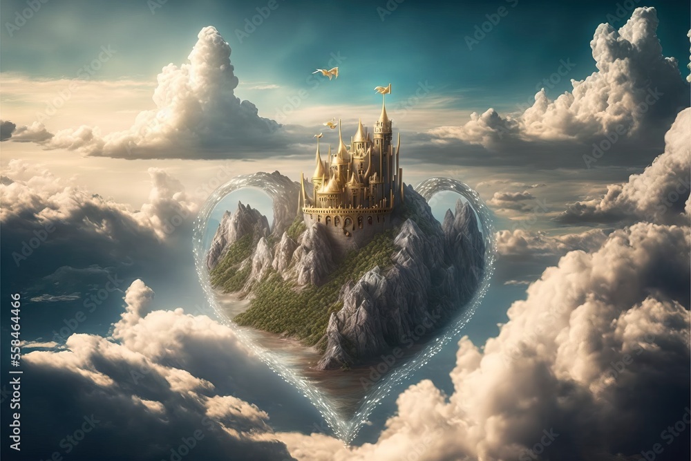 Poster a castle floating in the sky above a heart shaped island in the middle of the clouds with a plane fl