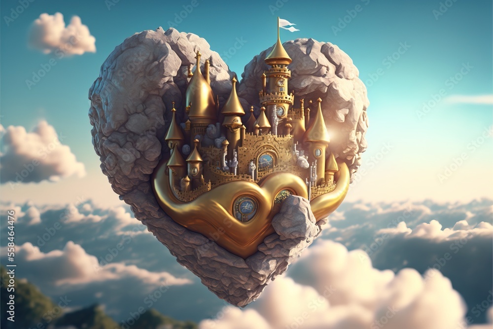 Poster a heart shaped castle in the clouds with a flag flying in the sky above it and a castle on top of th
