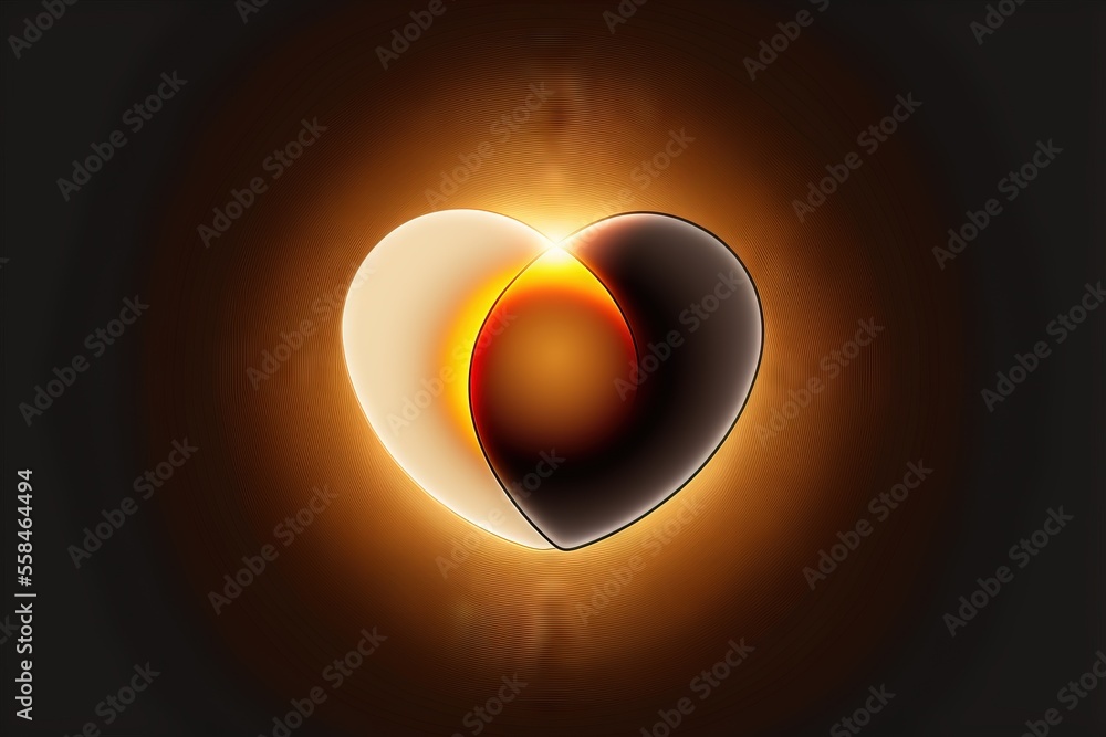 Poster a black and white heart shaped object with a yellow light in the middle of the image and a black bac