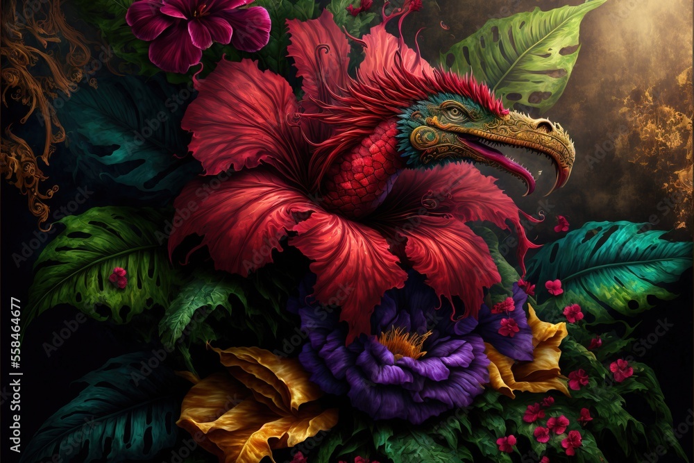 Poster a painting of a bird with a flower in its beak and leaves around it, with a sky background and a clo