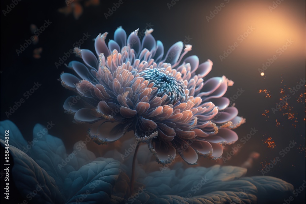 Poster a large flower with blue petals on a dark background with a light in the background and a blurry ima
