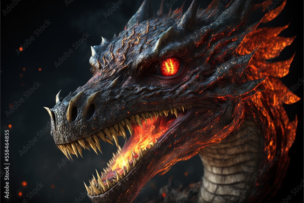 Poster an animated dragon with red eyes and fangs against a dark background its scales are a deep red color