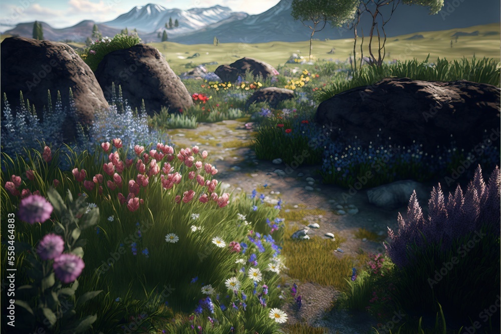 Poster a painting of flowers and rocks in a grassy area with mountains in the background and a sky with clo