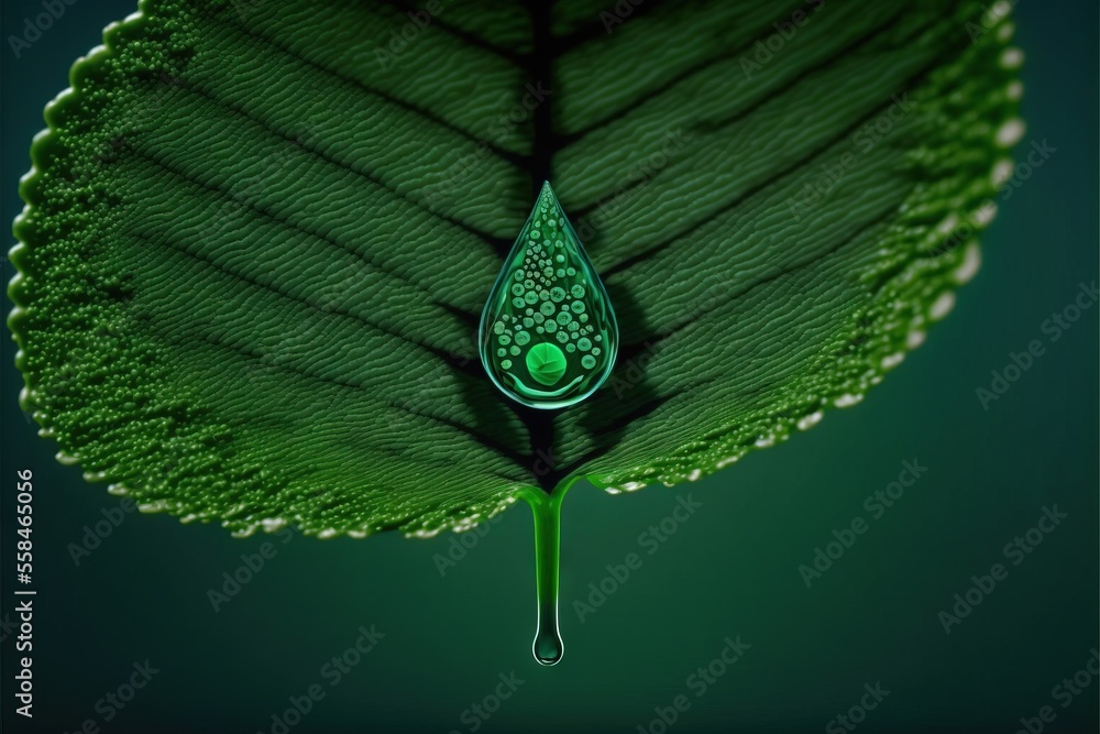 Poster a green leaf with a drop of water on it's end and a green background with a black border around the 