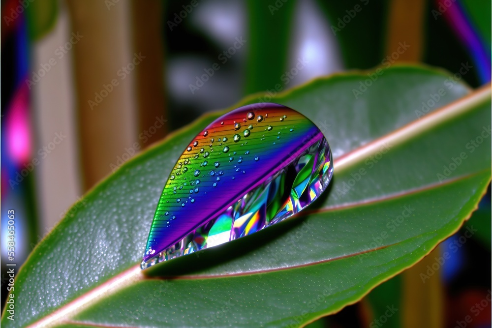 Poster a colorful leaf with a drop of water on it's leaf surface, with a blurry background of green leaves 