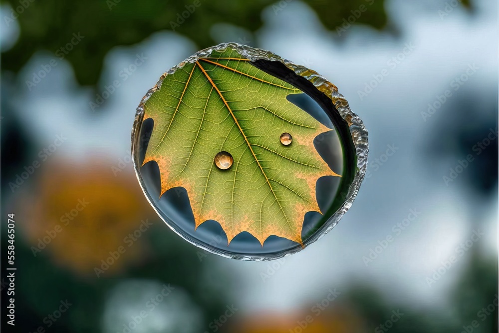 Poster a green leaf is reflected in a drop of water on a tree branch in the background is a blurry sky and 