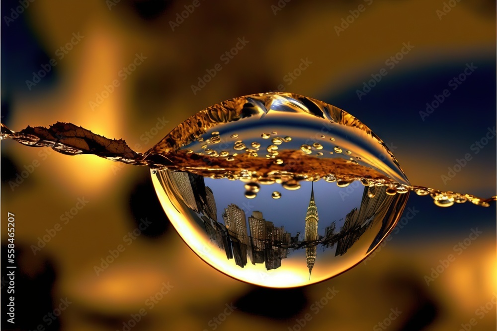 Poster a drop of water that has a city in it and is reflecting the sky in the drop of the water on the othe