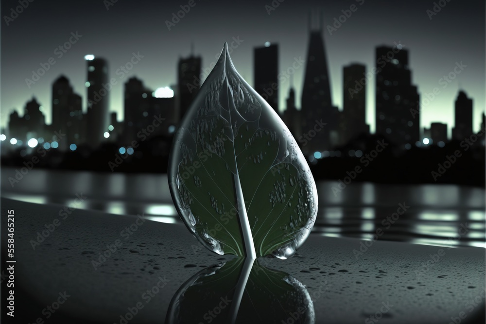 Aufkleber a leaf shaped object sitting on top of a wet surface in front of a cityscape at night with a reflect