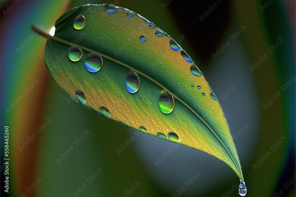 Poster a green leaf with drops of water on it's leaf tip and a multicolored background with a green and yel