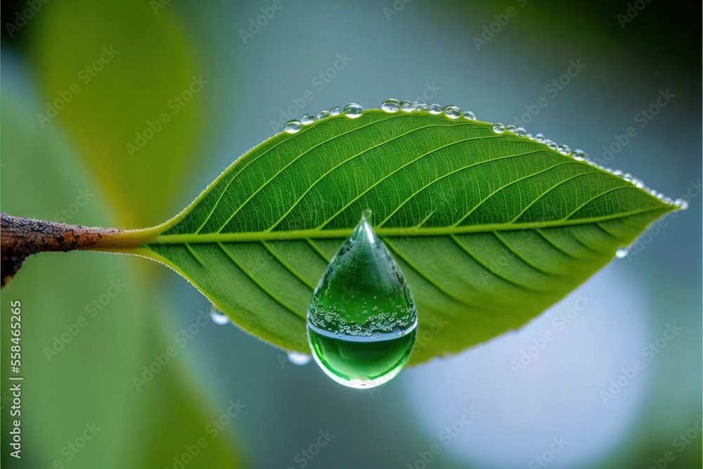 Poster a green leaf with a drop of water on it's end and a blue sky in the background with a few white clou