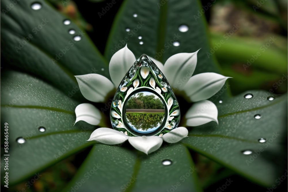 Poster a picture of a water drop on a leaf with a reflection of a park in the center of the drop is a refle