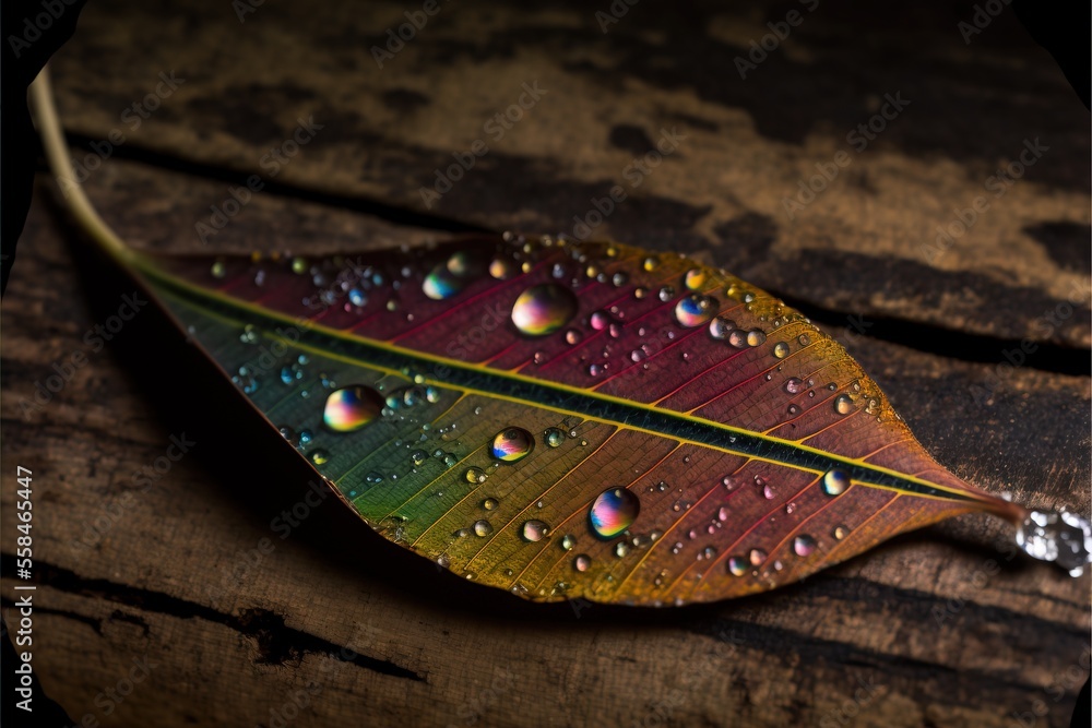 Poster a leaf with water drops on it sitting on a wooden surface with a black frame around the edges of the