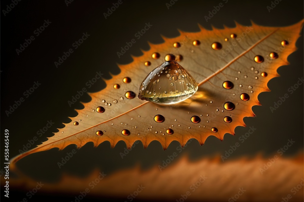 Poster a leaf with water droplets on it's leaves, with a dark background and a black background with a drop