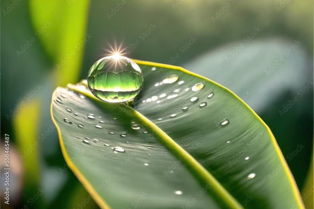 Poster a green leaf with a water drop on it's leaf surface and a green background with a light shining on t