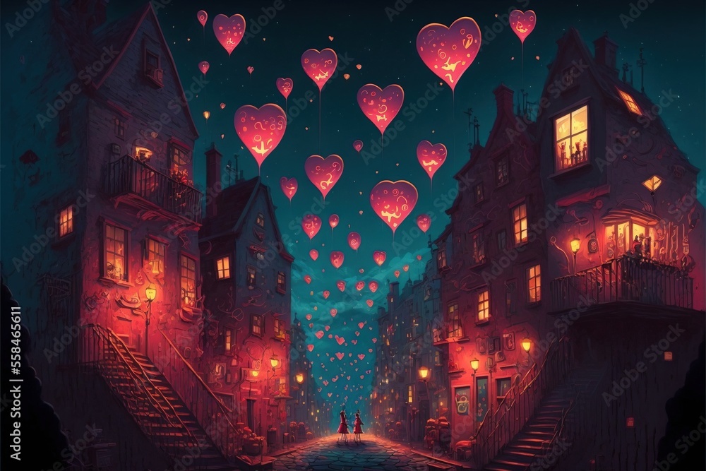 Poster a painting of a city street with lots of hearts floating in the air above it and a man standing on t