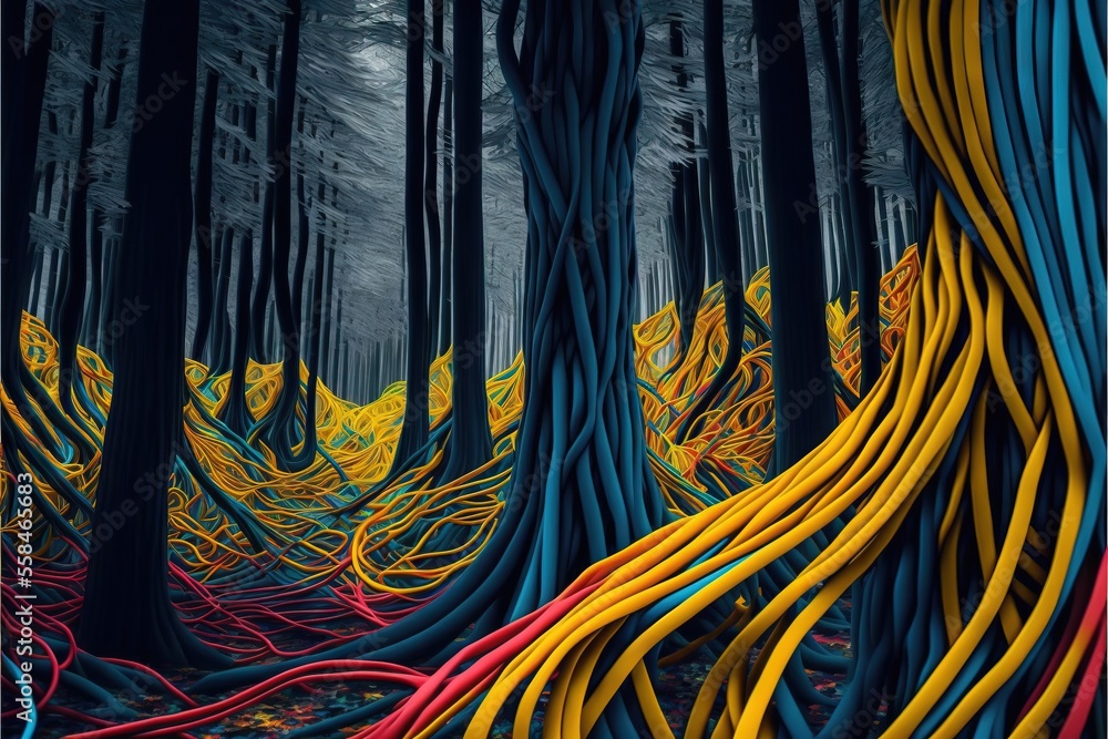 Poster a painting of a forest filled with lots of colorful wires and trees in the distance is a dark sky wi