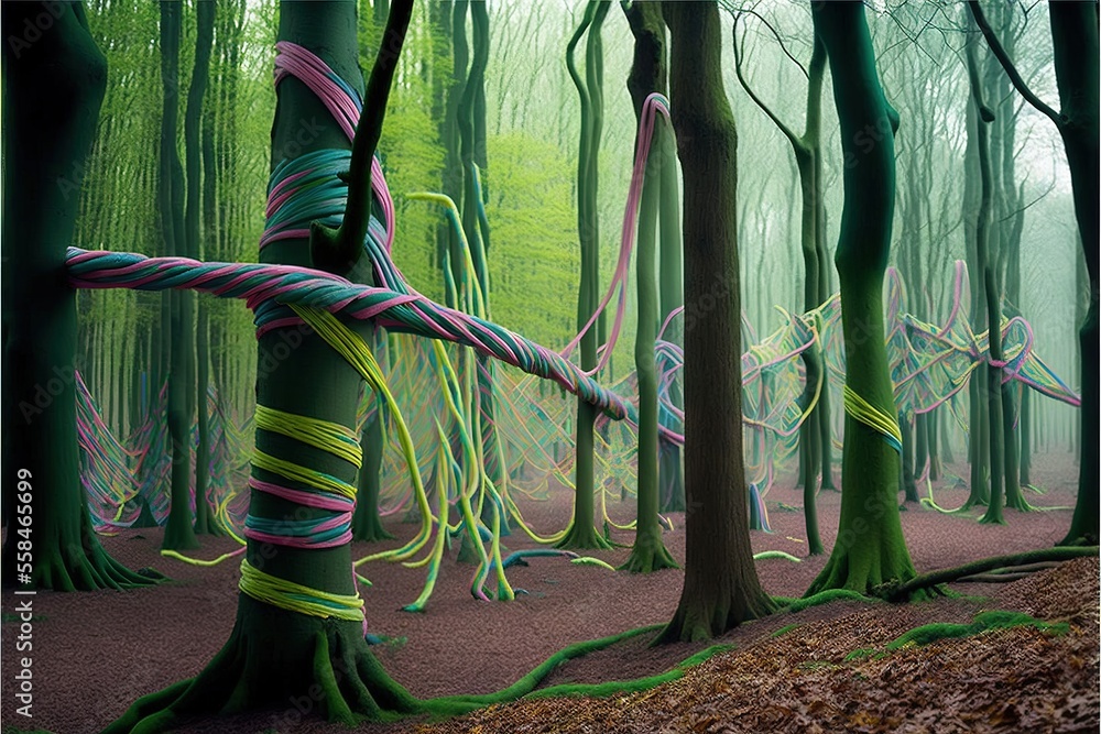 Poster a painting of a forest filled with lots of green trees and colorful ropes wrapped around the trunks 