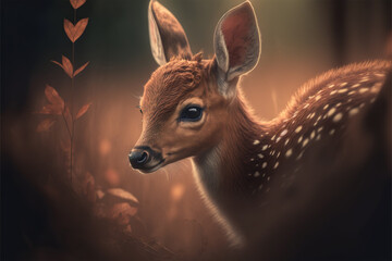 beautiful baby deer, woods in the background, forest, generative ai