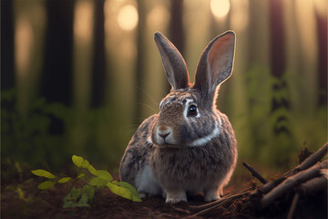 Obraz premium beautiful baby bunny, woods in the background, forest, generative ai