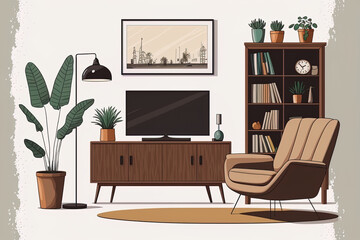 Modern living room with TV on the white wall, cabinet, brown leather couch and armchair, coffee table, floor lamp, and fur rug. illustration. Generative AI