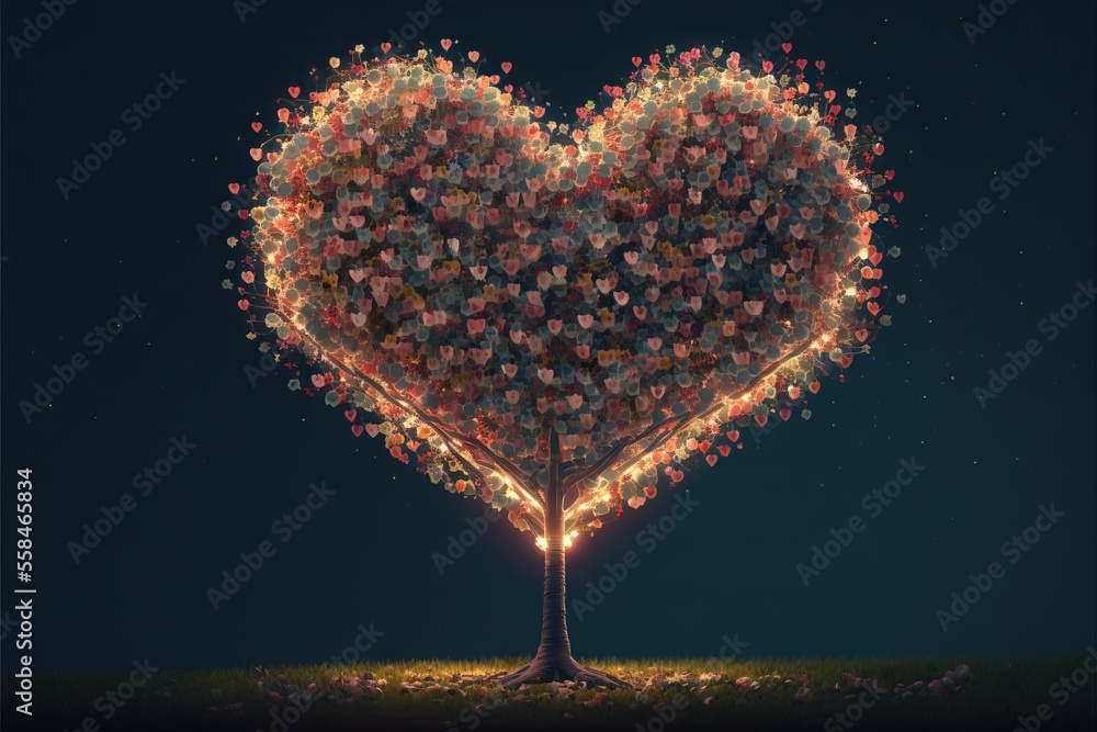 Poster a heart - shaped tree with a lot of hearts on it's branches and lights in the shape of a heart on a 