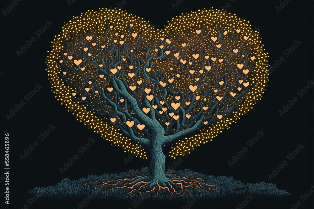 Poster a heart shaped tree with lots of hearts on it's branches and roots in the shape of a tree with lots 