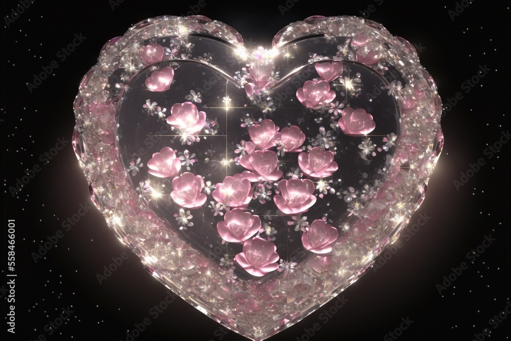 Poster a heart - shaped object with pink flowers and stars in the background of a night sky with stars and 