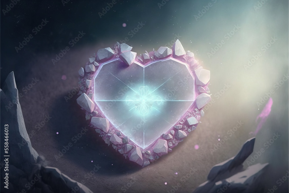 Poster a heart shaped object with a star in the middle of it, surrounded by rocks and ice crystals in a dar