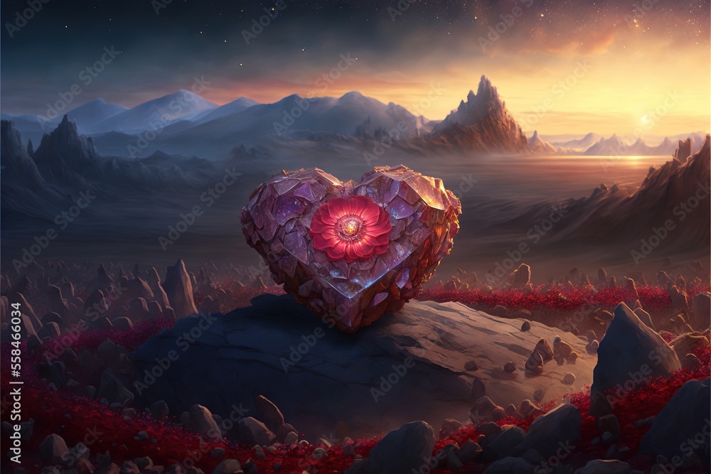 Poster a heart shaped object sitting on top of a rocky hill in the middle of a field of rocks and flowers w