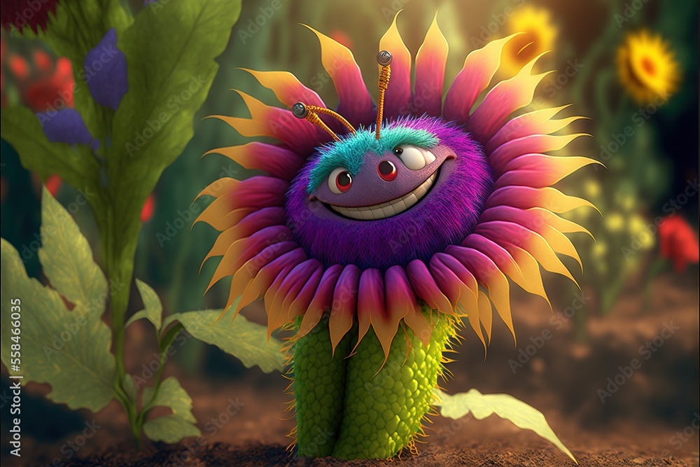 Poster a very cute looking flower with a big smile on it's face and a bug on it's back end in the middle of