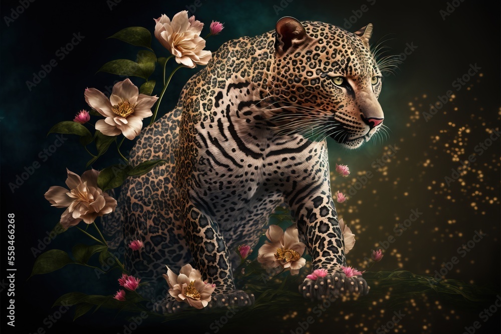 Poster a painting of a leopard surrounded by flowers and leaves on a dark background with gold flecks and s