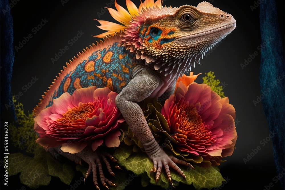 Poster a colorful lizard sitting on top of a bunch of red and yellow flowers on a black background with a b