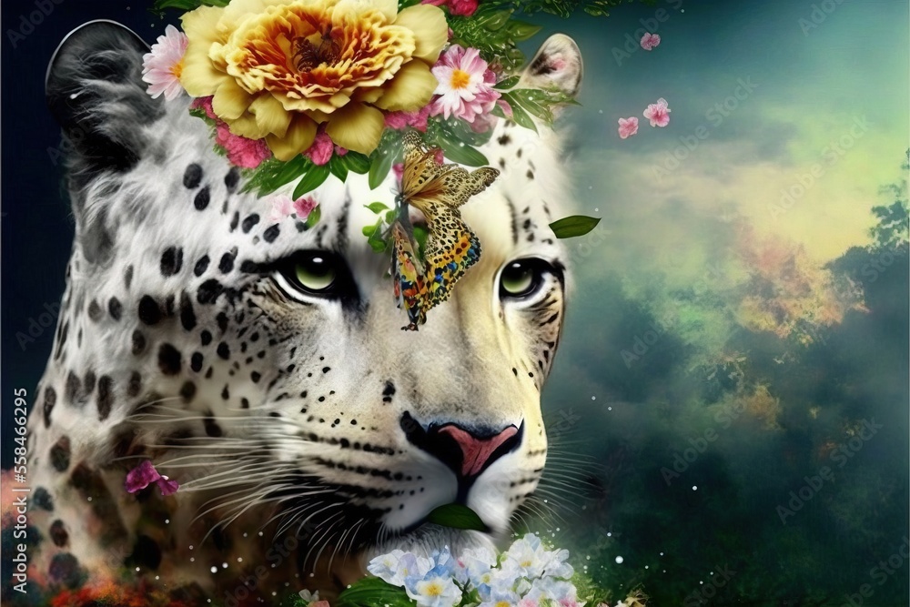 Poster a white leopard with a flower crown on its head and a butterfly on its head, in front of a backdrop 