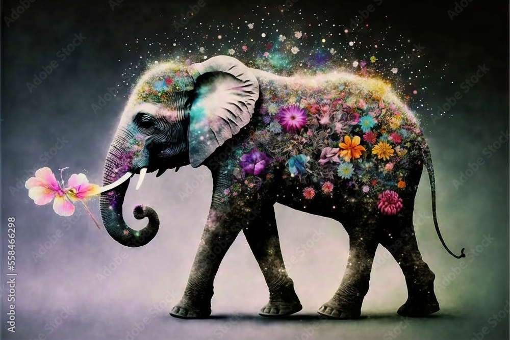 Poster an elephant with flowers on its trunk and a flower in its trunk with a butterfly in its trunk and a 