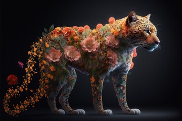  a leopard with flowers on its back and a black background with a black background and a black background with a black background and a black background with a leopard with flowers on it's.