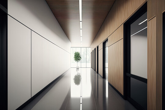 View of an office corridor from the front, showing a row of conference rooms with wooden walls and flooring and a large blank wall. a mockup. Generative AI