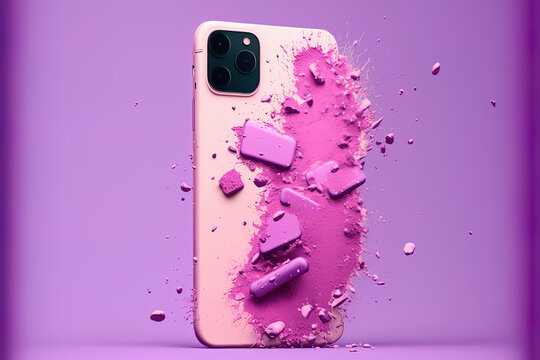 Mobile Phone Mockup With IPhone 11 And 12 Pro Max In Pink Silicone Case Falling To The Ground On A Purple Backdrop. Generative AI