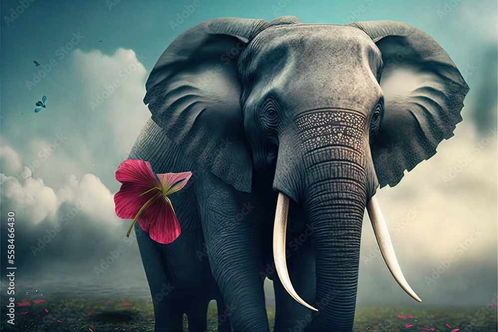 Poster an elephant with tusks and a flower in its trunk standing in a field with clouds and flowers in the 