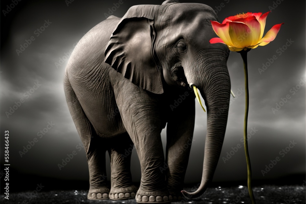 Poster an elephant standing next to a yellow flower on a dark background with a dark sky in the background 