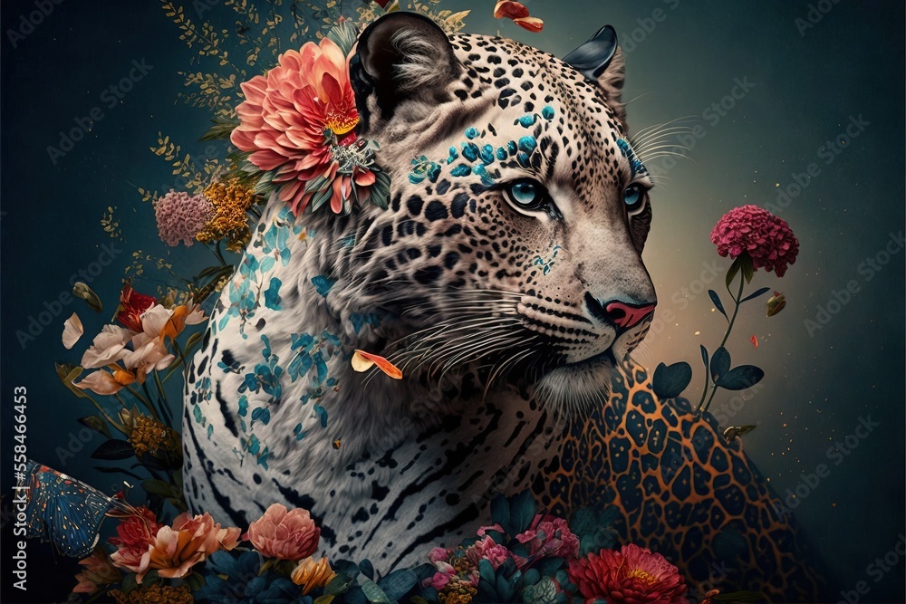 Wall mural a painting of a leopard with flowers on its head and a butterfly on its neck, with a blue background