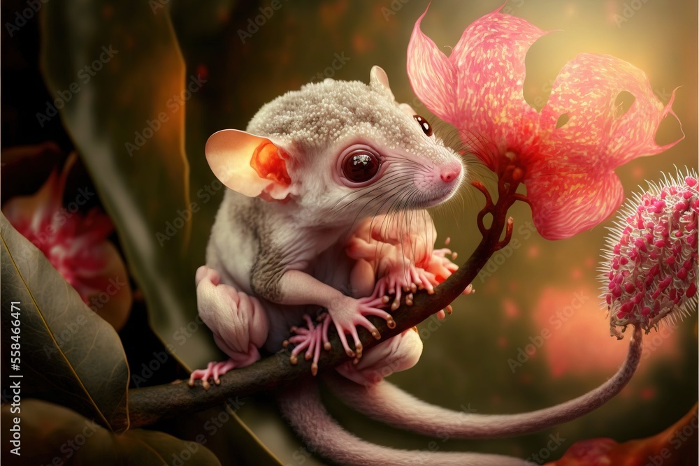 Poster a small rat sitting on a branch with a flower in its mouth and a pink flower in the background, with