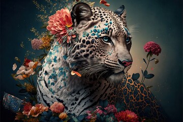  a painting of a leopard with flowers on its head and a butterfly on its neck, with a blue background and a leopard with a red flower on its head, with a blue background. Generative AI - obrazy, fototapety, plakaty