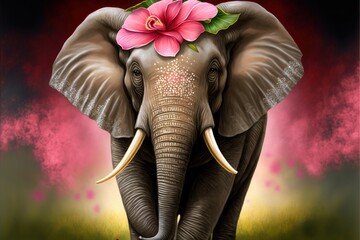  a painting of an elephant with a pink flower on its head and tusks on its tusks, with a red background of green grass and yellow and pink, and yellow. generative ai - obrazy, fototapety, plakaty