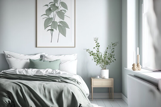bedroom interior in soft colors. design from Scandinavia. Generative AI