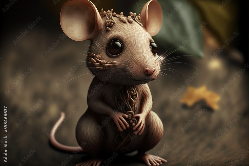Poster a little mouse with a crown on its head sitting on a wooden floor next to a star and a green leaf on