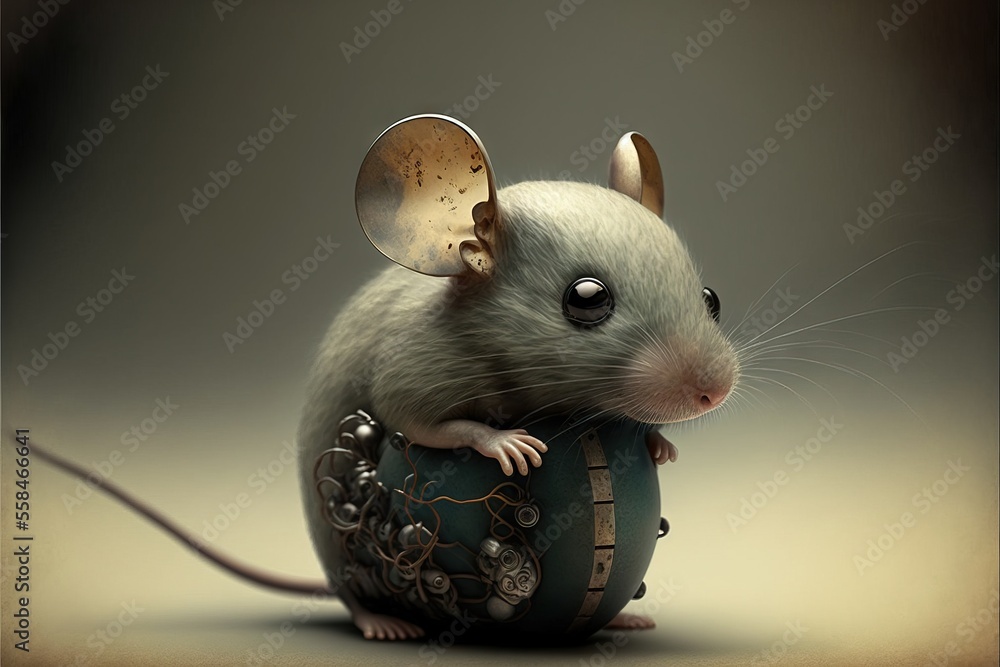 Poster a mouse sitting on top of a barrel with a clock on it's side and a mouse in the middle of it's body,
