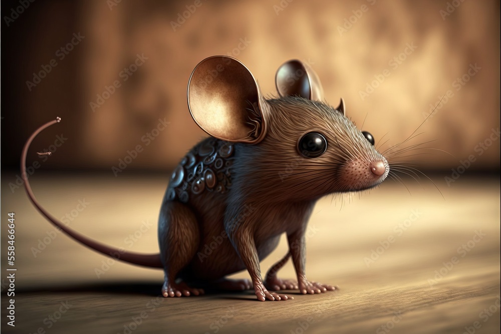 Poster a little mouse with big ears sitting on the floor in front of a brown wall and a wooden floor with a