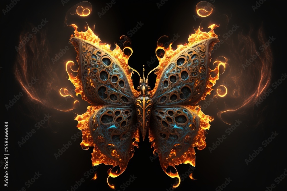 Poster a butterfly that is on fire with a black background and a black background with a black background a