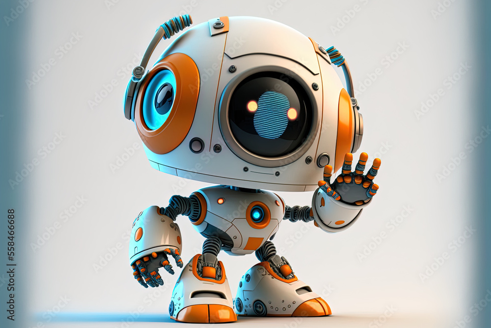 Poster cute robot on a white backdrop with a pointing hand and a winking eye. technological idea. generativ